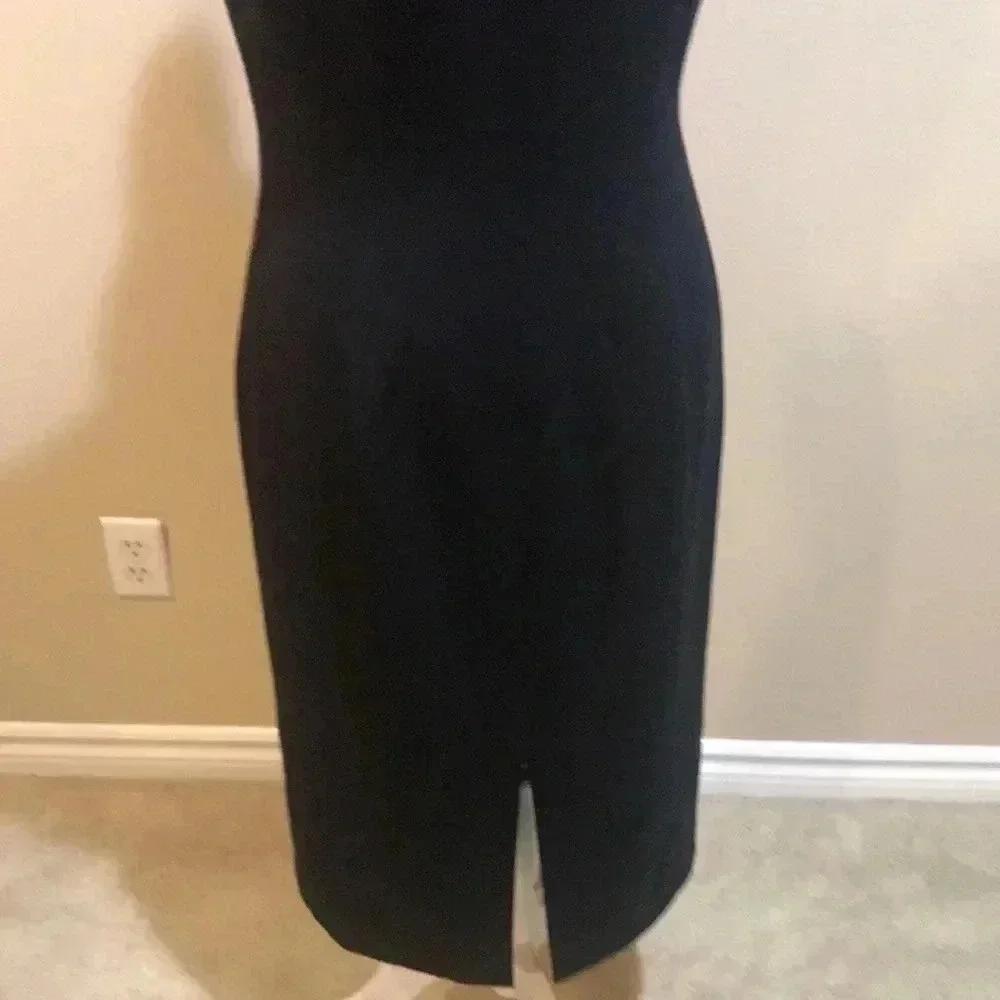 Tahari Sheer Outlined V-Neck Sheath Dress with Side Zipper and Back Slit-Size 6